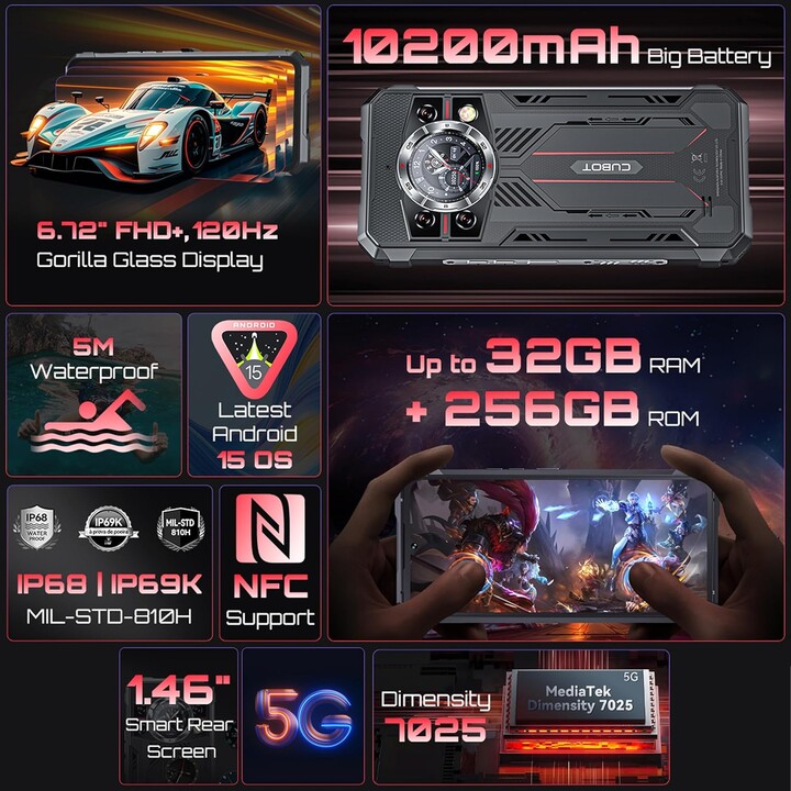 Cubot Kingkong 11 5G, 16GB 256GB, 6.72 IPS LCD FullHD+, Dimensity 7025, 10200mAh, Dual Sim, Black