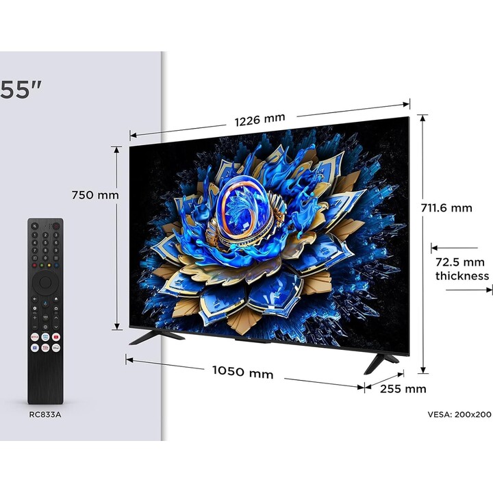 Televisor Tcl QLED 55T69C de 55 pulgadas, 4K Ultra HD, 3840 x 2160 píxeles, plano 16:9