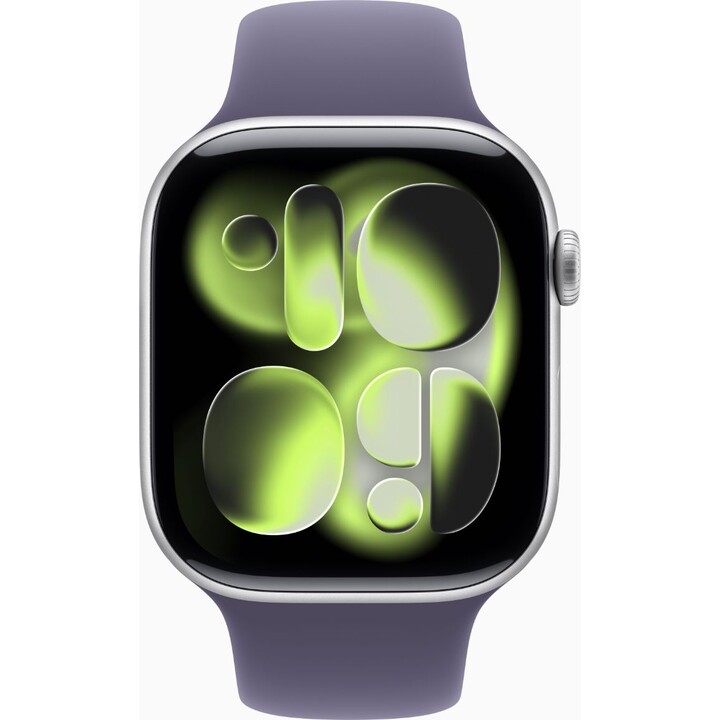 Apple Watch Series 11 GPS Cellular 46mm Caja de aluminio plateado con correa deportiva violeta antiniebla, talla M/L