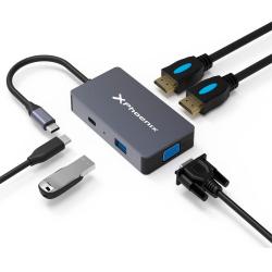 Hub Adaptador Type-C 5 en 1 Phoenix / 2x Hdmi 4K / 1x VGA / Type-C PD 60w / 1x Usb 3.0 / Aluminio / PHHUBTYPEC5IN1