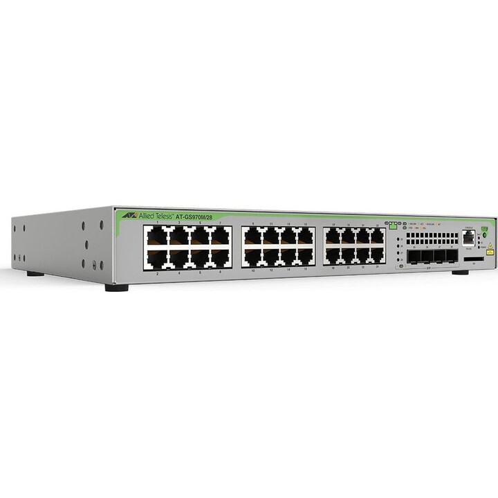 AT-GS970M/28-50 24 x 10/100/1000T-Ports und 4 x SFP-Uplink-Steckplätze (100/1000X SFP), festes AC-Netzteil, EU-Netzkabel