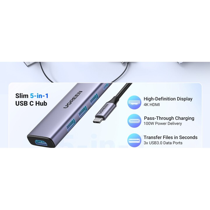 Ugreen 15596 laptop-dockingstation & portreplikator Kabelgebunden USB 3.2 Gen 1 (3.1 Gen 1) Type-A + Type-C Aluminium