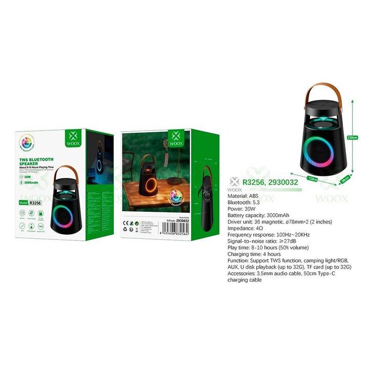 Enceinte Bluetooth 5.3 R3256 / 30 W / 3 000 mAh / Lumières LED / TWS / FM / MicroSD / Noir / WOOX / 2930032