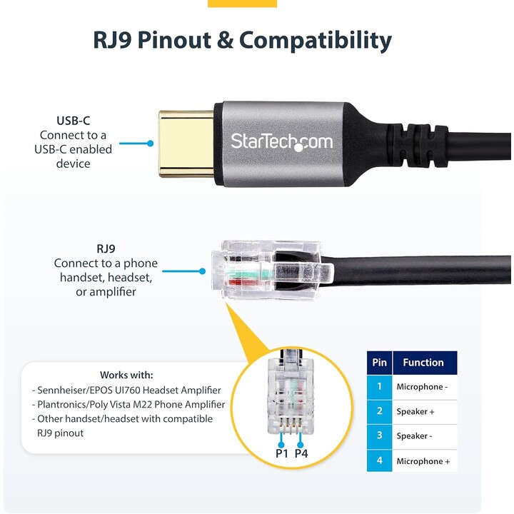 StarTech.com Adattatore da USB-C a RJ9 da 1,8m per telefono fisso o cuffie con cavo/wireless, utilizza l'hardware della linea es