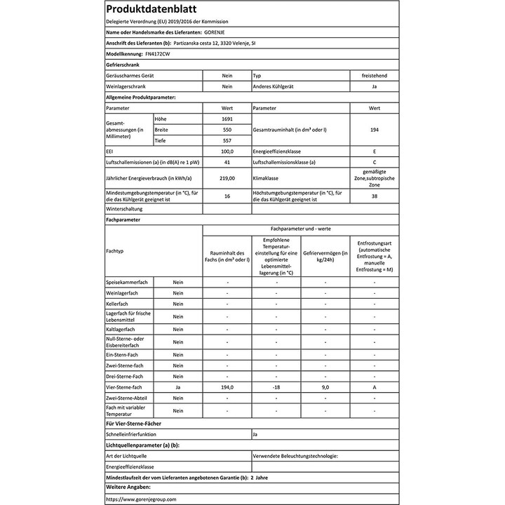 Congelador Gorenje FN4172CW Congelador 194L Blanco