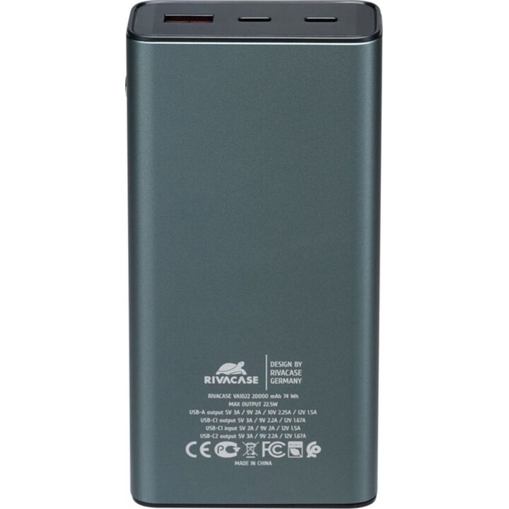Rivacase Batería externa metálica VA1022 (20000 mAh) con control de calidad y protección contra descargas eléctricas
