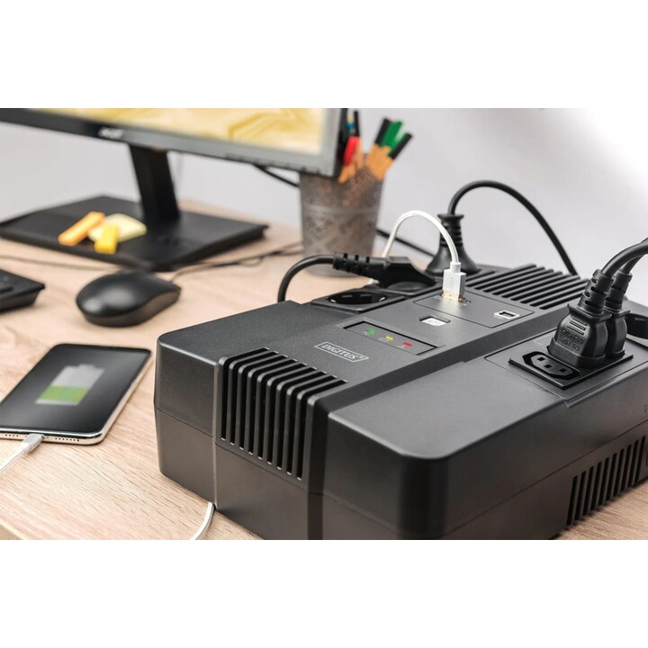 UPS Digitus All-in-One, 800 VA/480 W, LED 12 V/9 Ah x1, 4 connettori CEE 7/7, 3 connettori IEC C13, USB, RJ45