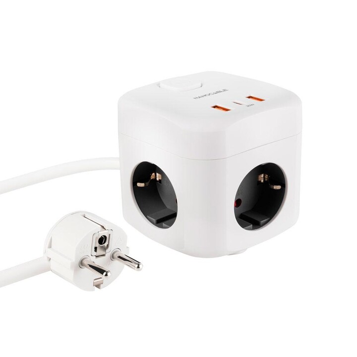 3-Sockel-Basis mit Schalter + (2 USB-A + 1 TYPE-C) / GaN + PPS / PD 20W / Weiß / Nanokabel 10.37.0011