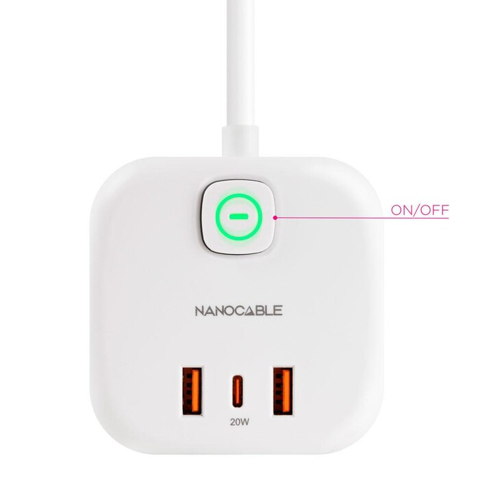 3-Sockel-Basis mit Schalter + (2 USB-A + 1 TYPE-C) / GaN + PPS / PD 20W / Weiß / Nanokabel 10.37.0011