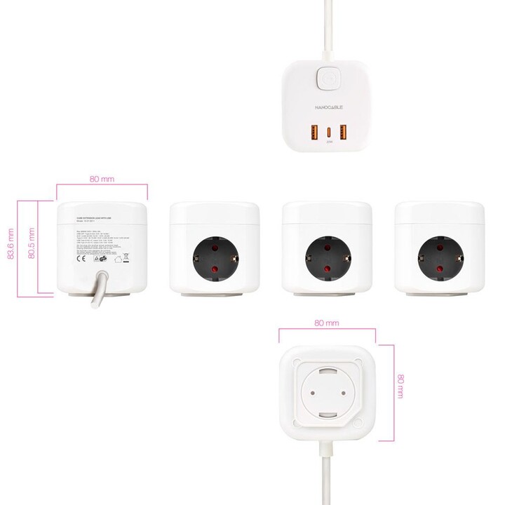 3-Sockel-Basis mit Schalter + (2 USB-A + 1 TYPE-C) / GaN + PPS / PD 20W / Weiß / Nanokabel 10.37.0011