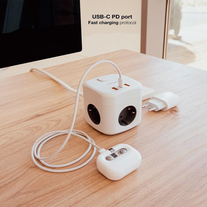 Base de 3 enchufes con interruptor + (2 USB-A + 1 TYPE-C) / GaN + PPS / PD 20W / Blanco / Nanocable 10.37.0011