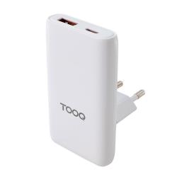 Cargador de red de viaje Usb + Type-C / GaN 65W / PD+ QC / Blanco / TQWC-GANSL65W1A1C / Tooq