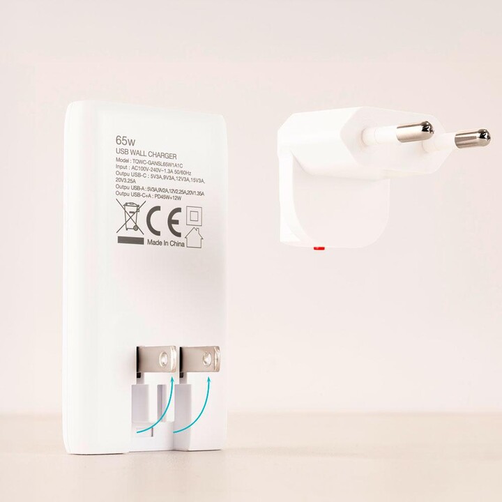 Travel Charger USB + Type-C / GaN 65W / PD + QC / White / TQWC-GANSL65W1A1C / Tooq