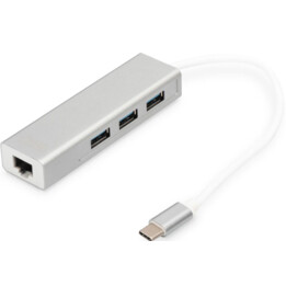 Hub Digitus 3 portas USB 3.0 tipo C com Gigabit Ethernet 3xUSB A/F, 1xUSB A/M, 1xRJ45 LAN, Win/Mac OS