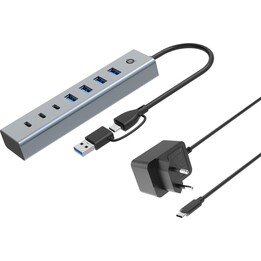Conceptronic 7-Port-USB-3.0-Hub mit Netzteil, 2-in-1-USB-C/A-Kabel, 3 USB-C, 4 USB-A