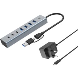 Conceptronic Hub USB 3.0 de 7 puertos con adaptador de corriente, cable USB C/A 2 en 1, 3 USB-C, 4 USB-A