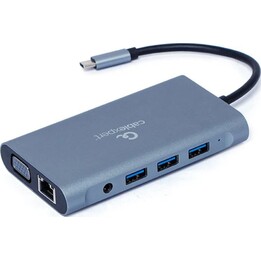 Gembird Adaptador multiporta USB tipo C 7 em 1 (Hub3.0 + HDMI + VGA + PD + Leitor de cartões + Áudio estéreo), cinzento