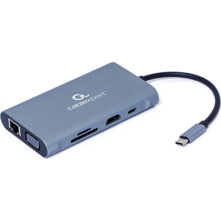 Gembird Adattatore multiplo USB Tipo-C 7 in 1 (Hub3.0 + HDMI + VGA + PD + Lettore di schede + Audio stereo), grigio