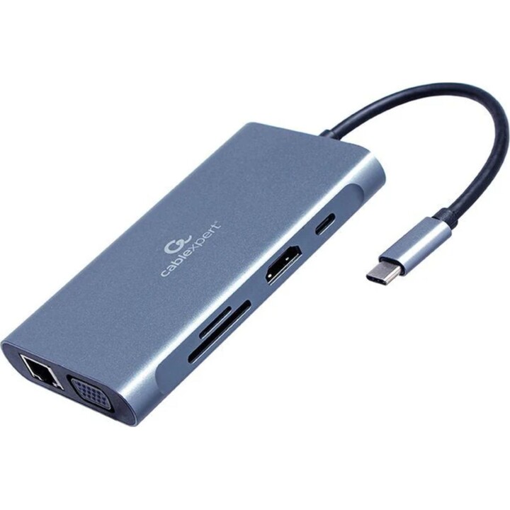 Gembird Adattatore multiplo USB Tipo-C 7 in 1 (Hub3.0 + HDMI + VGA + PD + Lettore di schede + Audio stereo), grigio