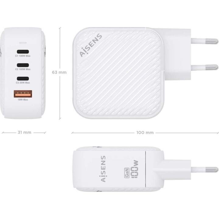 Caricatore USB-C Aisens GaN da 100 W per caricare laptop, telefoni, fotocamere e tablet