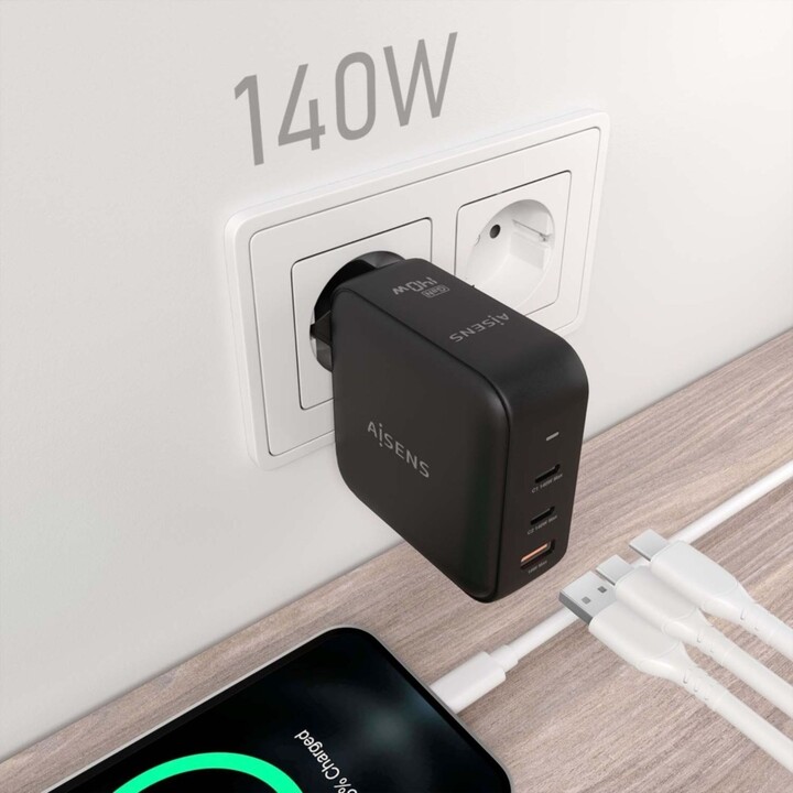 Caricabatterie Aisens GaN USB-C PD3.1 140W per caricare laptop, telefoni, fotocamere e tablet, nero