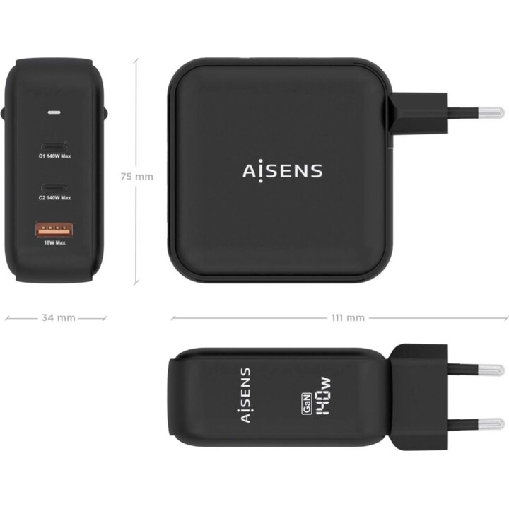 Caricabatterie Aisens GaN USB-C PD3.1 140W per caricare laptop, telefoni, fotocamere e tablet, nero