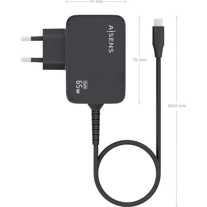 Aisens GaN Chargeur 65 W PD3.0 1xUSB-C 1,8 M, Noir
