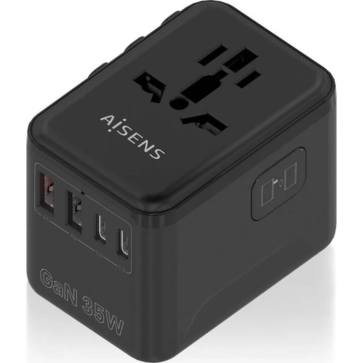 Adattatore universale da viaggio Aisens EU/USA/UK/AU con caricatore USB GaN, 2xUSB-A (A1 QC3.0)