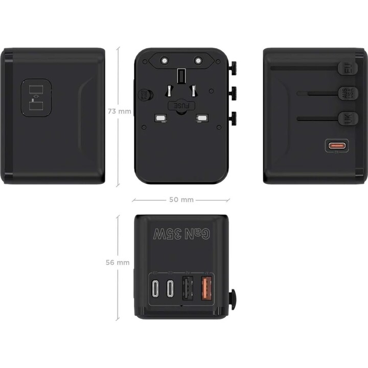 Adattatore universale da viaggio Aisens EU/USA/UK/AU con caricatore USB GaN, 2xUSB-A (A1 QC3.0)