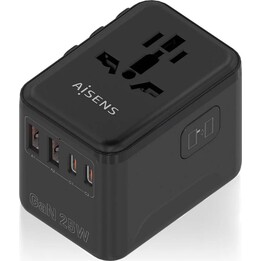 Adattatore universale da viaggio Aisens EU/USA/UK/AU con caricatore USB GaN, nero