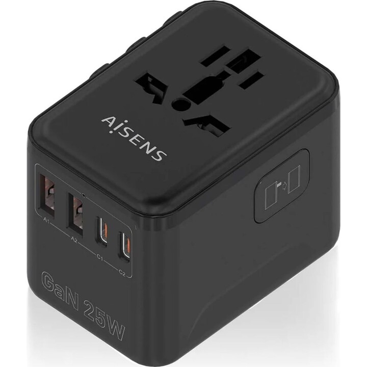 Aisens Adaptador Enchufe Universal para Viaje EU/USA/UK/AU con Cargador USB GaN, Negro