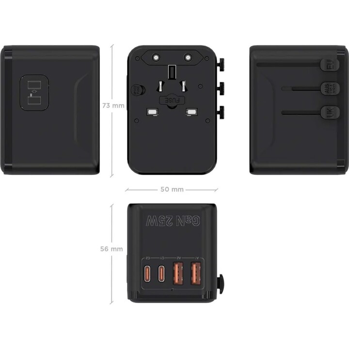 Aisens Adaptador Enchufe Universal para Viaje EU/USA/UK/AU con Cargador USB GaN, Negro