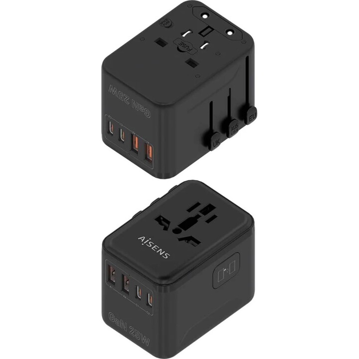 Aisens Adaptador Enchufe Universal para Viaje EU/USA/UK/AU con Cargador USB GaN, Negro