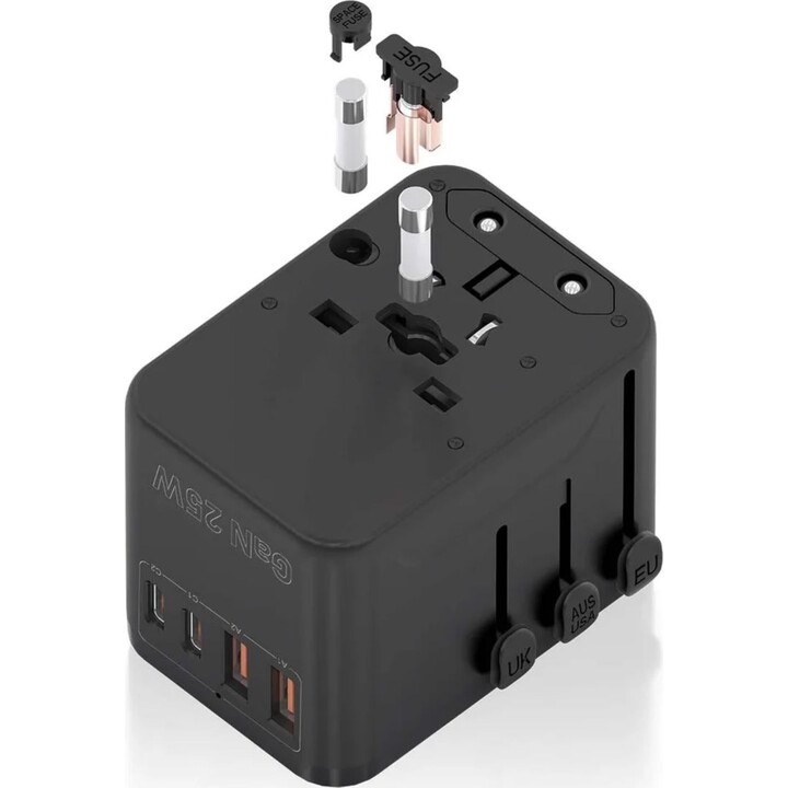 Aisens Adaptador Enchufe Universal para Viaje EU/USA/UK/AU con Cargador USB GaN, Negro