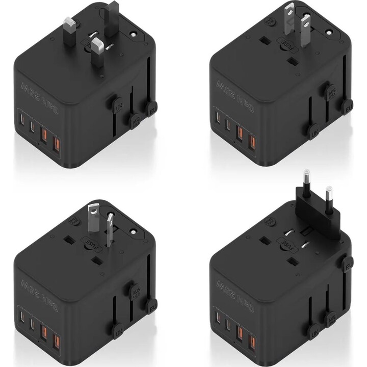 Aisens Adaptador Enchufe Universal para Viaje EU/USA/UK/AU con Cargador USB GaN, Negro