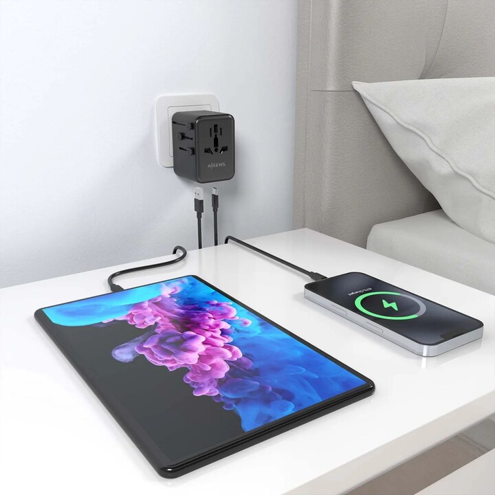 Aisens Adaptador Enchufe Universal para Viaje EU/USA/UK/AU con Cargador USB GaN, Negro