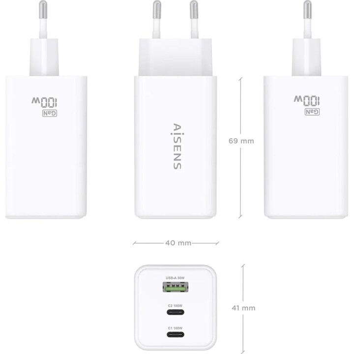 Aisens Cargador Gan 100W, 2xUSB-C PD3.0 QC4.0 QC5.0, 1xUSB-A QC3.0, Blanco