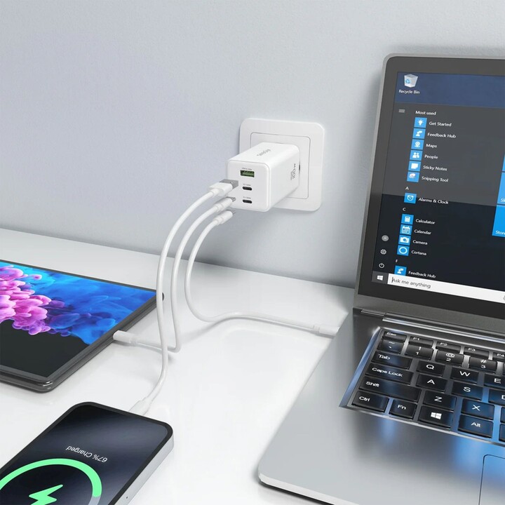 Aisens Cargador Gan 100W, 2xUSB-C PD3.0 QC4.0 QC5.0, 1xUSB-A QC3.0, Blanco
