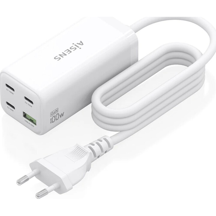 Aisens Cargador Sobremesa Gan 100W, 3xUSB-C PD3.0 QC4.0 QC5.0, 1xUSB-A QC3.0, Blanco