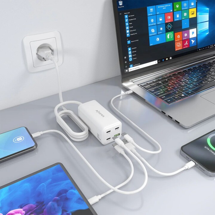 Aisens Cargador Sobremesa Gan 100W, 3xUSB-C PD3.0 QC4.0 QC5.0, 1xUSB-A QC3.0, Blanco