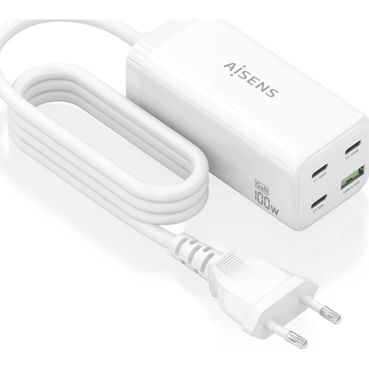 Aisens Cargador Sobremesa Gan 100W, 3xUSB-C PD3.0 QC4.0 QC5.0, 1xUSB-A QC3.0, Blanco