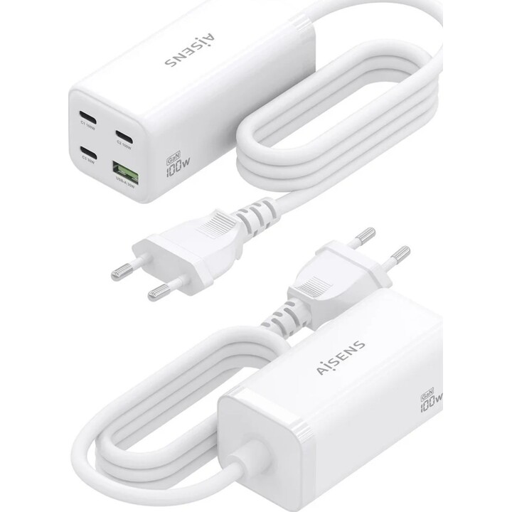 Aisens Cargador Sobremesa Gan 100W, 3xUSB-C PD3.0 QC4.0 QC5.0, 1xUSB-A QC3.0, Blanco