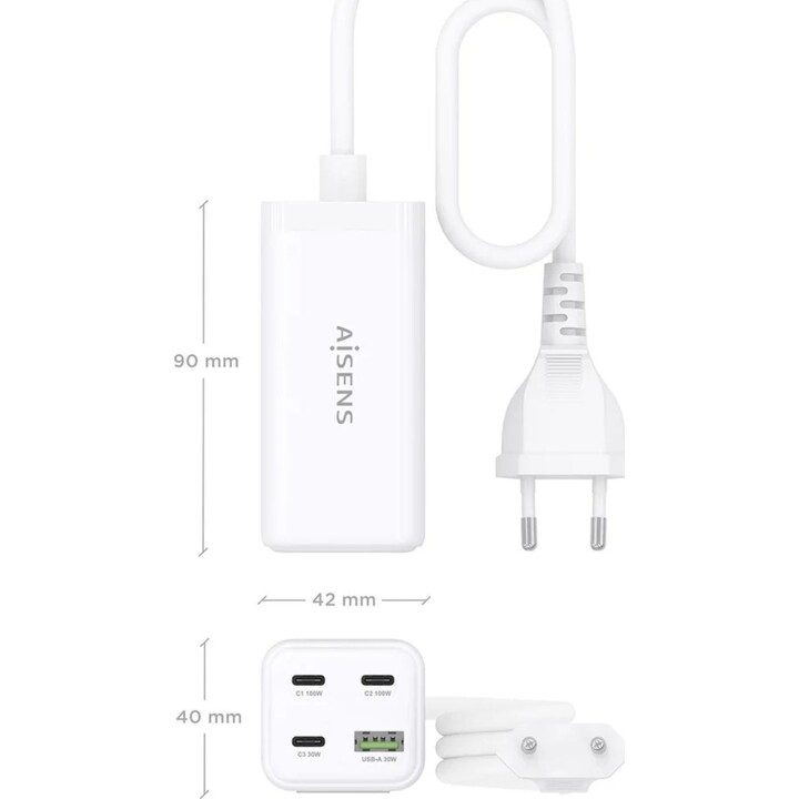 Aisens Cargador Sobremesa Gan 100W, 3xUSB-C PD3.0 QC4.0 QC5.0, 1xUSB-A QC3.0, Blanco