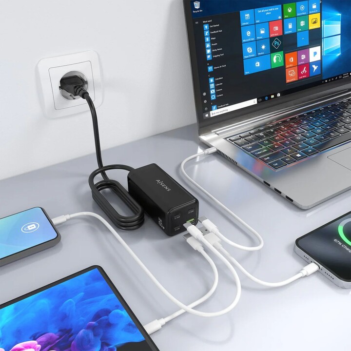 Aisens Cargador de Sobremesa Gan 100W, 3xUSB-C PD3.0 QC4.0 QC5.0, 1xUSB-A QC3.0, Negro