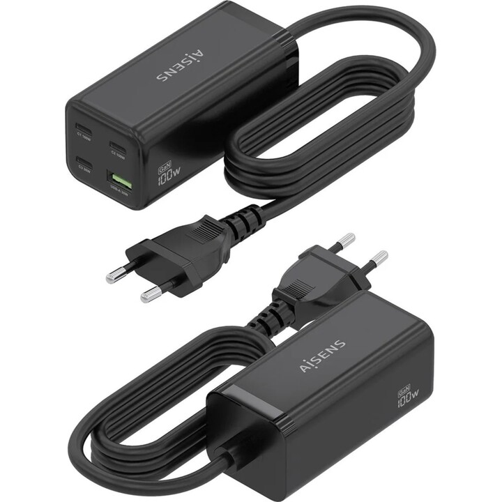 Aisens Cargador de Sobremesa Gan 100W, 3xUSB-C PD3.0 QC4.0 QC5.0, 1xUSB-A QC3.0, Negro