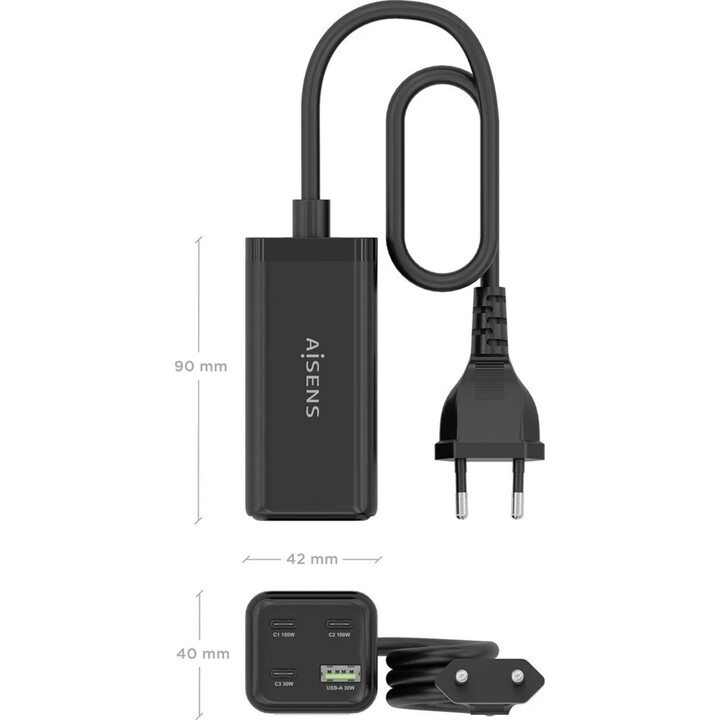 Aisens Cargador de Sobremesa Gan 100W, 3xUSB-C PD3.0 QC4.0 QC5.0, 1xUSB-A QC3.0, Negro