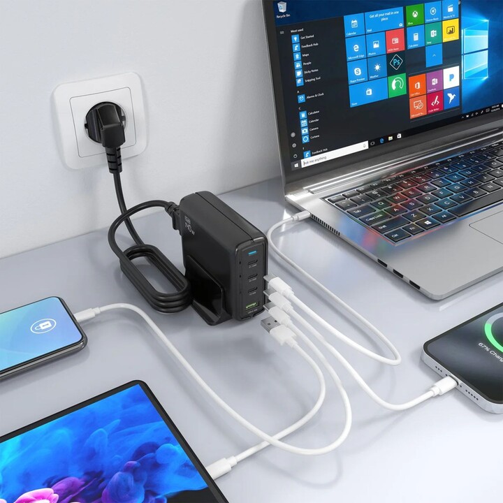Aisens chargeur de bureau Gan 140 W, 3xUSB-C PD3.1 QC4.0 QC5.0, 1xUSB-A QC3.0, noir