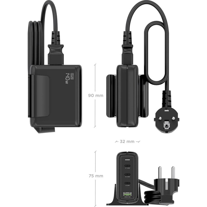 Aisens chargeur de bureau Gan 140 W, 3xUSB-C PD3.1 QC4.0 QC5.0, 1xUSB-A QC3.0, noir
