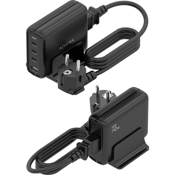 Aisens Cargador Sobremesa Gan 140W, 3xUSB-C PD3.1 QC4.0 QC5.0, 1xUSB-A QC3.0, Negro
