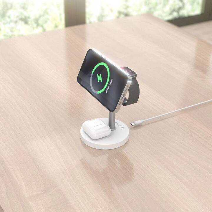 Aisens 15W 3-in-1 USB-C Wireless Charger for Mobile, Apple Watch, Earphones with Charging Case, White
